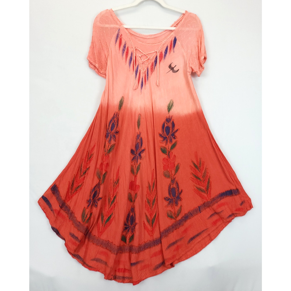 Asymmetrical Dress Boho Hippie Watercolor Ombre Peach Rust Floral Embroidered M